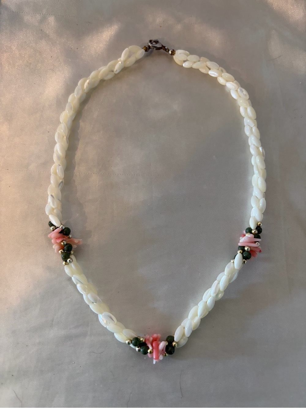 Mother of Pearl necklace with jade and coral accents